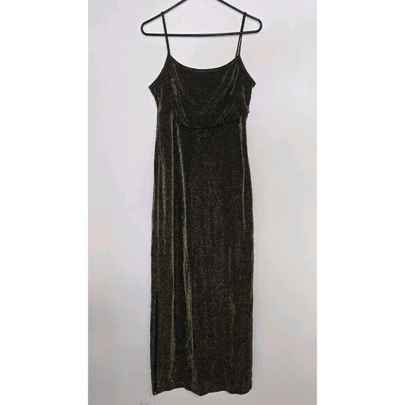Vintage Rag Gold & Black Spaghetti Strap Dress Asymmetrical Shimmer Large (A53) - Picture 1 of 5